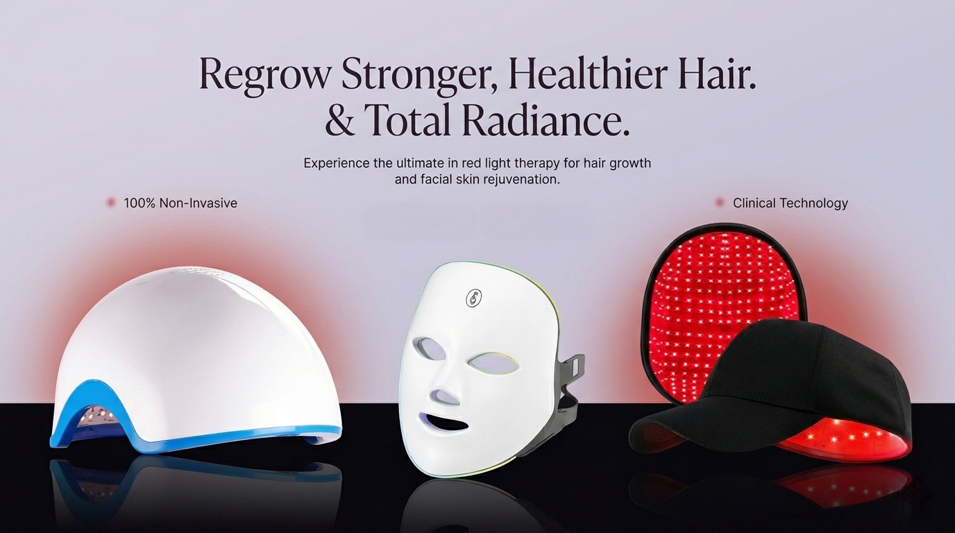 Selloraa red light therapy devices: hair growth helmet, facial mask, and cap